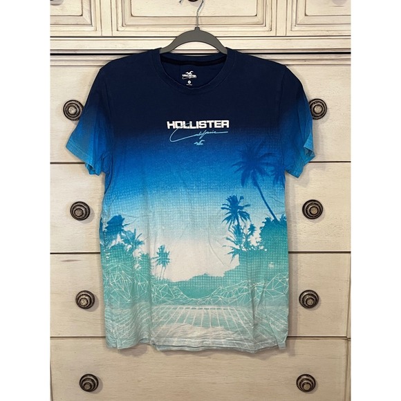 Hollister Mens Blue Ombre Palm Tree Graphic T-Shirt Vaporwave Tropical Size M - Picture 3 of 6